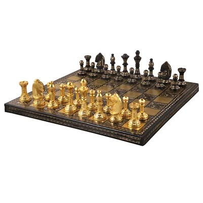 Staunton Inspired Brass Metal Luxury Chess Pieces & Board Set -12"- Gold & Black - Image 1 of 4