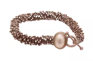 14k Gold & 925 Silver Vintage Beaded Chain Gold Halo Pearl Bracelet BT9842 - Picture 1 of 6