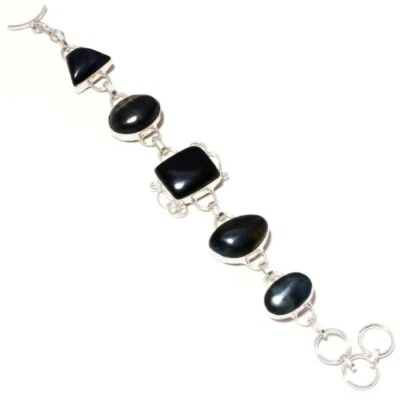 Brazalete Hecho a Mano Ónix Negro, Ojo de Tigre Negro Piedras Preciosas Naturales Superposición de Plata Foto 1 de 2