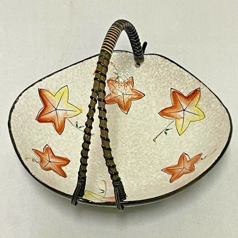 Ceramic Basket & Handle Bowl Candy Dish Fall Leaf Star Design Napco Japan 1950 Cover
