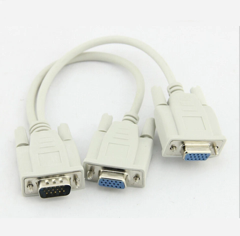 VGA 15 Pin PC SVGA Male To 2 Dual Double Female Monitor Y Adapter Splitter Cable - Image 1 of 3