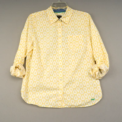 Camisa Talbots para mujer 12P amarilla blanca geométrica algodón con botones lengüeta enrollable Foto 1 de 4