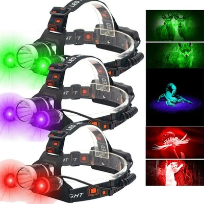 VASTFIRE UV/Grün/Rot mit weiß LED Stirnlampe Scheinwerfer Kopflampe Hog Jagd 2 Akkus #