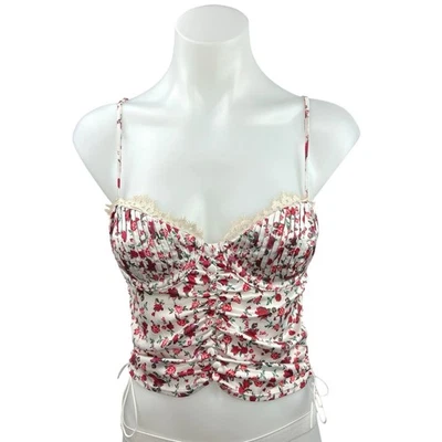 For Love & Lemons Red Satin Silk Lace Floral Ruched Cami Crop Tank Top Size XS - Image 1 of 4