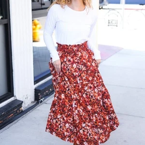 Neu mit Etikett Midirock Blumenmuster gesmokte Taille Stufen-Design 3X - Bild 1 von 10