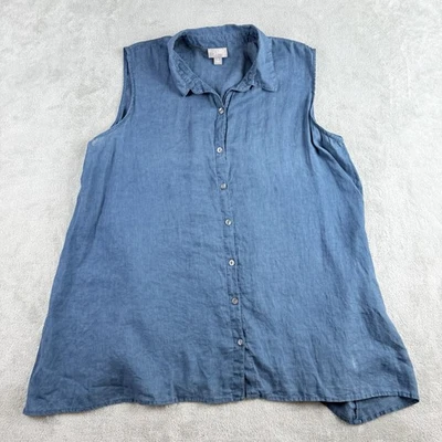 J Jill Top Women Small Teal Linen Blend Sleeveless Collared Button Front Coastal - Image 1 of 4