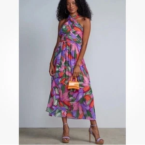 London Times Petites Floral Halter Maxi Dress Sz 8P Multicolor Chiffon Waist Tie - Picture 1 of 12