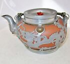 7.5" Old Chinese Yixing Clay Teapot W/ Partial Pewter Covering Of Dragons & Bats