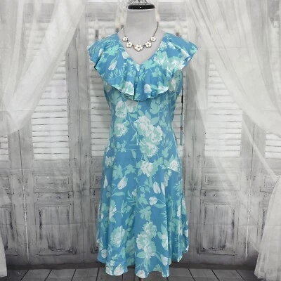  Calvin Klein Size 2 Blue White Sleeveless Floral Challis Ruffle Hem Dress B9 - Image 1 of 4