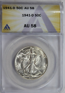 1941-D Walking Liberty Half Dollar : ANACS AU58  Blazing White
