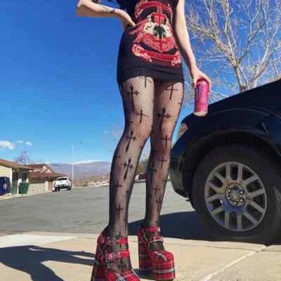 Pantimedias de malla con estampado cruzado para mujer góticas Y2K cosplay calce Foto 1 de 4