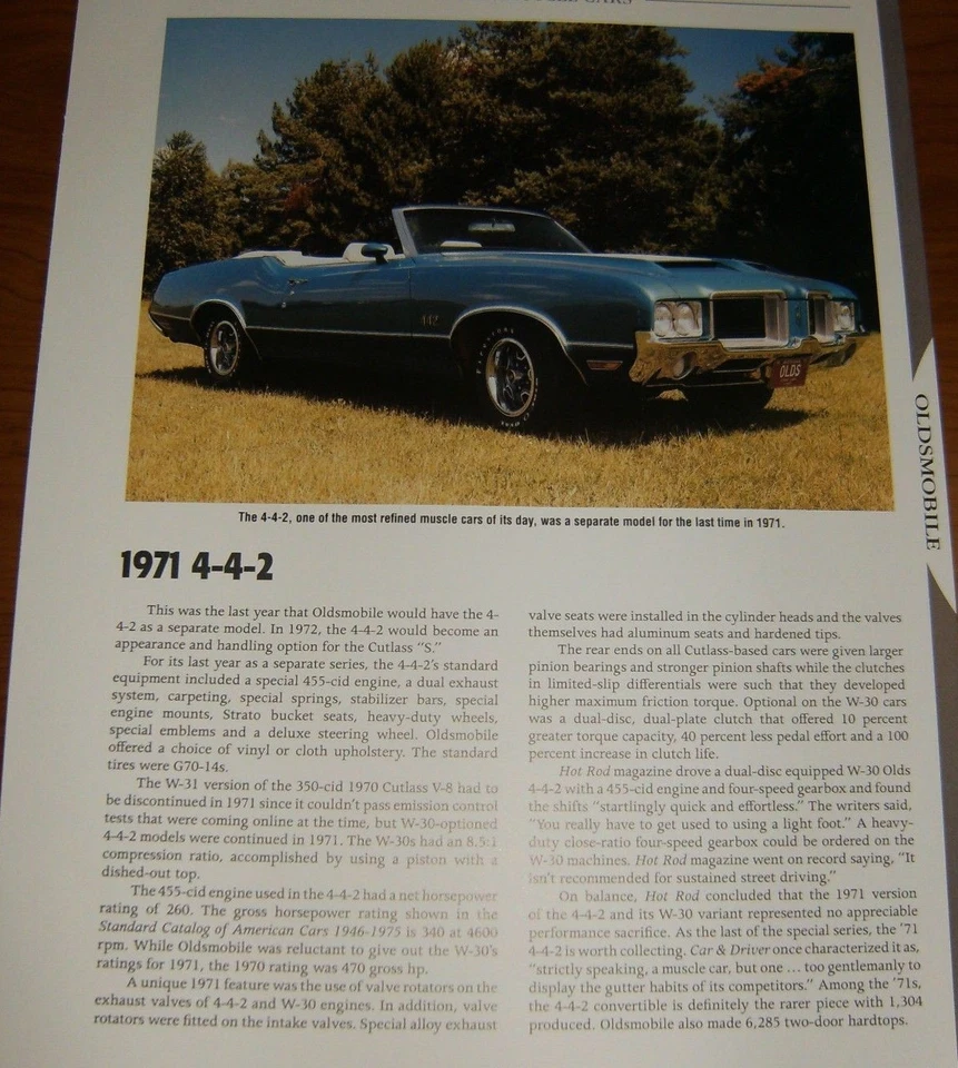 1971 OLDSMOBILE 442 SPECS INFO PHOTO 71 CUTLASS 455 W30★★ - Image 1 of 1