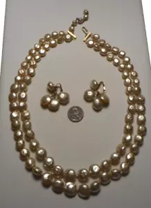 1950s Vogue 2-strand Faux Baroque Champagne Pearl Necklace & Drop Earrings Set - Picture 1 of 17