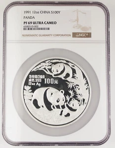 China 1991 100 Yuan 12 Oz Silver Panda Proof Coin NGC PF69 Ultra Cameo - Picture 1 of 4