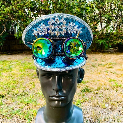 Blue Steampunk Sequin Hat Burning Man Halloween Costume Captain Hat With Goggles - Image 1 of 4
