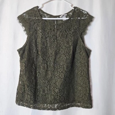 Women's H&M Khaki Green Lace Cap Sleeve Blouse Size L - Image 1 of 4