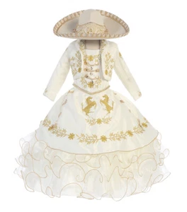 Nuevo Marfil y Oro Charro (mariachi) Vestido Traje Tradicional - Imagen 1 de 2