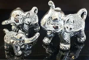 SET OF 3 Silver & Crushed Diamond Elephant Family Sparkling Ornaments Home Decor - Picture 1 of 6