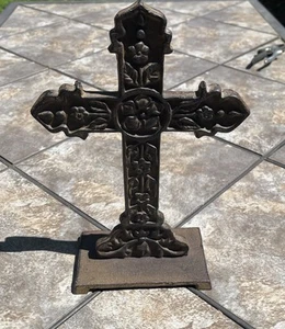 Vintage 12” Cast Iron Standing Ornate Crucifix - Picture 1 of 4