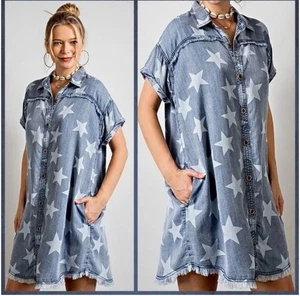 Easel Twinkle Little Star Chambray Denim Shirt Dress Button Frayed Hem Sz Large - Picture 1 of 6