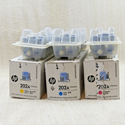 Cartuchos de toner HP 202A genuínos CMY amarelo ciano magenta caixa aberta leitura - Imagem 1 de 4