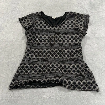 Roz & Ali Топ женщин большой блузка геометрический черный Crewneck 1/4 рукав - Изображение 1 из 4