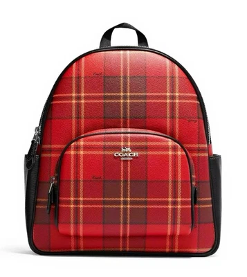 Mochila Coach Court nueva con etiquetas con estampado de cuadros escoceses tartán plateada/negra/roja Navidad🎊 Foto 1 de 4