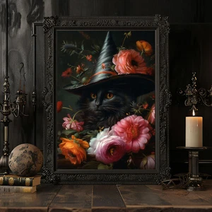Póster de gato negro, rosas con estampado de gato brujo, arte gótico de bruja, decoración de Halloween - Imagen 1 de 6