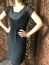 Boho Gypsy Hippy Black Beautiful Georgette Beaded Round Neck Dresses XS 