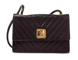 Vintage CHANEL Lambskin Leather Flap Bag Dark Brown Chevron Quilted Push Lock 90 - Picture 1 of 16