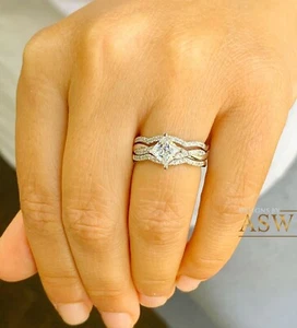 14K WHITE GOLD PRINCESS SIMULATED DIAMOND ENGAGEMENT RING AND BANDS SET 1.50CT - Picture 1 of 7