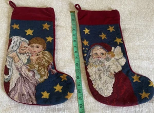2 Christmas Needlepoint Stockings Santa & Angel - 16" Velvet - BEAUTIFUL! - Picture 1 of 10