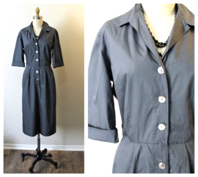 Vtg 50s 60s RARE HOLLY HOELSCHER California Shirt Dress Charcoal Gray Cotton Day - Image 1 of 4