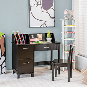 Kids Study Desk & Chair Set Writing Table w/ Pull-out Drawer & 2 Deep Cabinets