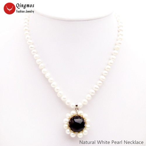 VETEMENTS Collana con ciondolo perle bianche naturali 6 7 mm da donna 18 mm girocollo agata nera