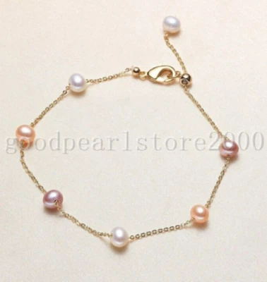 Linda pulseira de pérolas AAA South Sea 6-7mm branca rosa roxa ouro 7,5-8" 14k P - Imagem 1 de 4