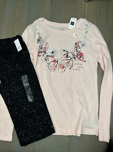 NWT Gap Kids girl WINTER 2-piece black glitter pants pink butterfly shirt SET 12 - Picture 1 of 8