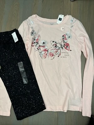 全新带标签 Gap Kids 女孩冬季 2 件套黑色亮片裤粉色蝴蝶衬衫套装 12 — 第 1/4 张图片