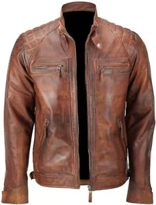Men's New Classic Distressed Vintage Brown Biker Leather Jacket - Picture 1 of 5