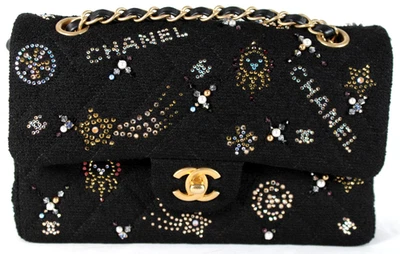 CHANEL 23A Black Quilted Tweed Strass Pearl Logo Small CLASSIC DOUBLE FLAP Bag - Image 1 of 4