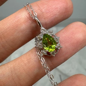 925 Sterling Silver Necklace 7x5mm Green Natural Peridot Gemstone Zircon Chain - Picture 1 of 10