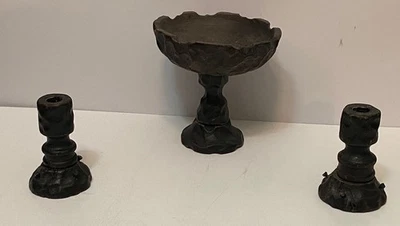 Cuenco y candelabros pedestal de madera oscura tallados a mano de colección ~ gótico medieval español Foto 1 de 4