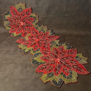Beaded Poinsettia Table Runner 36"x 13" Christmas Traditions NWT spot on back - Picture 1 of 9