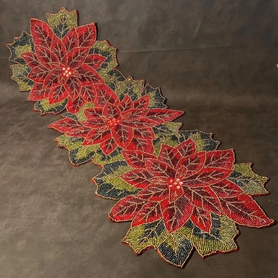 Beaded Poinsettia Table Runner 36"x 13" Christmas Traditions NWT spot on back - Image 1 of 4