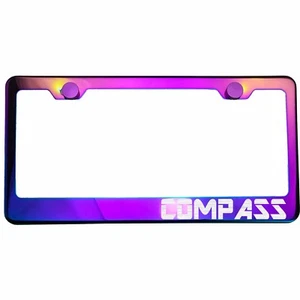 Polish Neo Neon Chrome License Plate Frame COMPASS Laser Etched Metal Screw Cap - Imagen 1 de 8