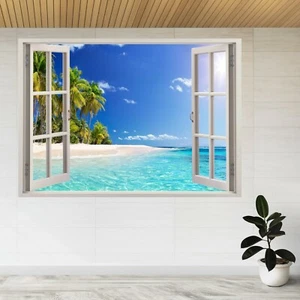 Calcomanía de póster Palm Beach In Paradise Island 3D con vista de ventana A176 - Imagen 1 de 2