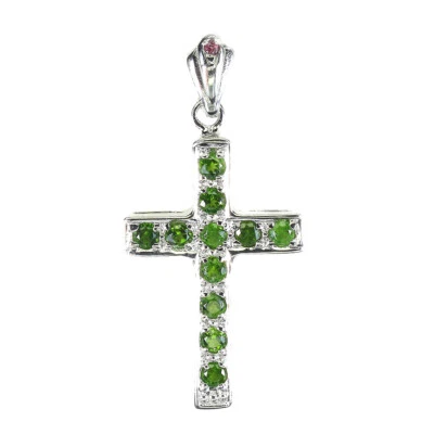 Pendente In Argento Sterling 925 Rotondo In Cromo Diopside Rodolite Croce Gemma - Immagine 1 di 4