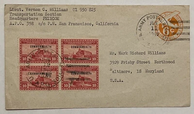 1946 PHILIPPINES COMMONWEALTH OVPT STAMP BLOCK COVER PHIBCOM ARMY TO MARYLAND - Image 1 of 3