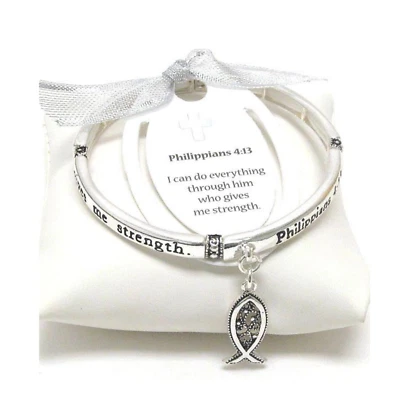 Phillipians 4:13 Christian Fish Stretch Bangle Bracelet Silver Rhodium - Image 1 of 4