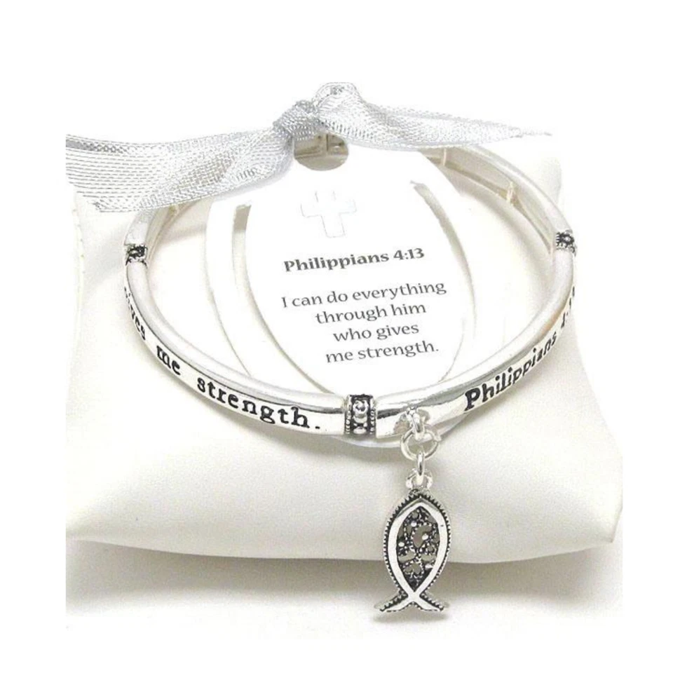 Brazalete elástico Phillipians 4:13 Christian Fish plata rodio Foto 1 de 4